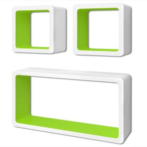 3 White-green Floating Wall Display Shelf Cubes Book/dvd Storage