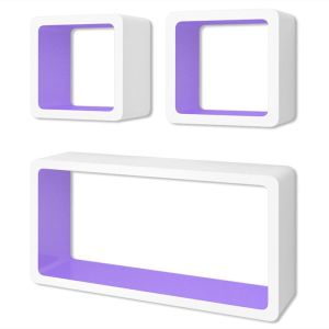 3 White-purple Mdf Floating Wall Display Shelf Cubes Book/dvd Storage