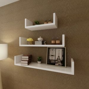 3 White Mdf U-shaped Floating Wall Display Shelves Book/dvd Storage