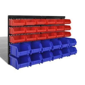 Wall Mounted Garage Plastic Storage Bin Set 30 Pcs Blue & Red
