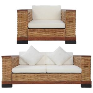 2 Piece Sofa Set With Cushions Brown Natural Rattan