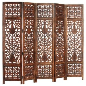 Hand Carved 5-panel Room Divider Brown 200x165 Cm