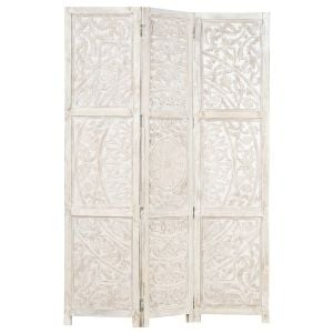 Hand Carved 3-panel Room Divider White 120x165 Cm Solid Mango Wood