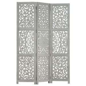 Hand Carved 3-panel Room Divider Grey 120x165 Cm Solid Mango Wood