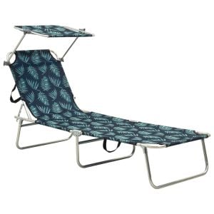 Folding Sun Lounger With Canopy Steel Leaves Print