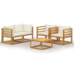 5 Piece Garden Lounge Set With Cushion Cream Solid Wood