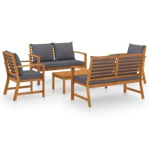 5 Piece Acacia Wood Garden Lounge Set with Cushions- Grey