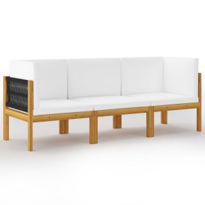 3-seater Garden Sofa with Cream Cushion Solid Acacia Wood