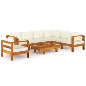 8 Piece Garden Lounge Set With Cream White Cushions Acacia Wood