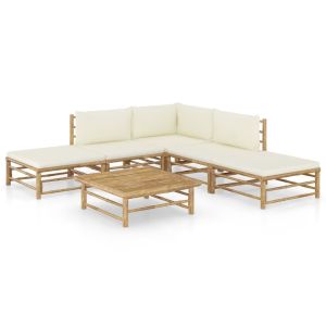 6pc Bamboo Garden Lounge Set With White Cream Cushions