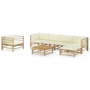 7 Piece Garden Lounge Set With Cream White Cushions Bamboo