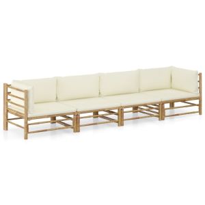 4 Piece Bamboo Garden Lounge Set With Cream White Cushions