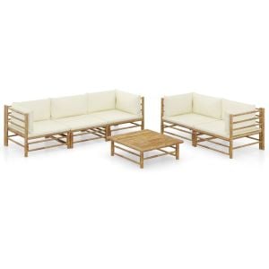 6 Piece Garden Lounge Set w/ Cream White Cushions Bamboo