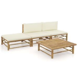 4 Piece Bamboo Garden Lounge Set With Cream White Cushions