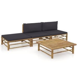 4 Piece Bamboo Garden Lounge Set With Dark Grey Cushions