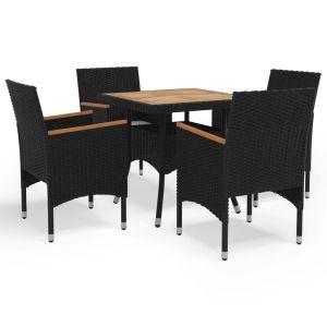 5 Piece Garden Dining Set Black Poly Rattan And Acacia Wood