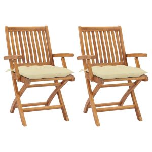 Garden Chairs 2 Pcs  Cream White Cushions Solid Teak Wood