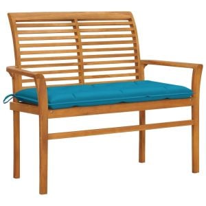 Garden Bench With Light Blue Cushion 112 Cm Solid Teak Wood