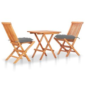 3 Piece Bistro Set With Grey Cushions Solid Teak Wood