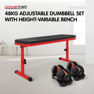 Powertrain 48KG Adjustable Dumbbell Set - Red with Height-Variable Bench