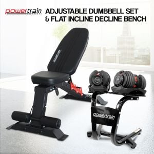 Powertrain 48KG Adjustable Dumbbell Set (Red) & Stand with Flat Incline Decline Bench