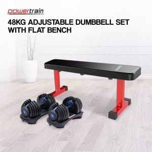 Powertrain 48KG Adjustable Dumbbell Set (Blue) with Flat Bench