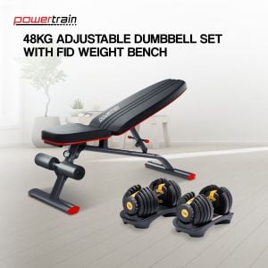 Powertrain 48KG Adjustable Dumbbell Set (Gold) with FID Weight Bench