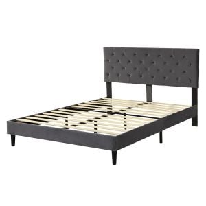 Bed Frame Base Mattress Platform Wooden Velevt Headboard Queen Grey