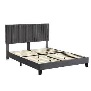 Bed Frame Queen Mattress Platform Base Wooden Velevt Headboard Grey