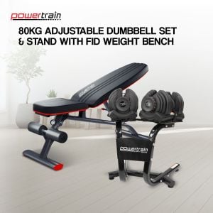 Powertrain 80KG Adjustable Dumbbell Set & Stand with FID Weight Bench