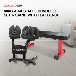 Powertrain 80KG Adjustable Dumbbell Set & Stand with Flat Bench