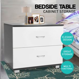 Bedside Table with Drawers MDF - Black White