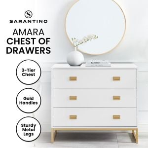 Sarantino Amara Chest of Drawers Tallboy Dresser in White/Gold