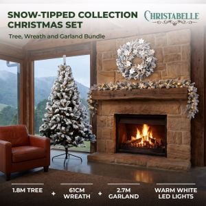 Christabelle Snow-Tipped Snowflocked Tree 61cm Snow Wreath Colonial with Lights 2.74m Garland Snow Frosted