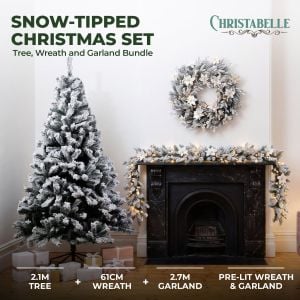 Christabelle Snow-Tipped Tree 61cm Snow Wreath Colonial with Lights 2.74m Garland Snow Frosted