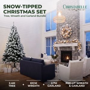 Christabelle Snow-Tipped Christmas 3pc Set 2.4m Christmas Tree Wreath and Garland with LED Lights Holiday Decor
