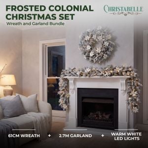 Christabelle Pre-Lit Forsted Colonial Christmas Wreath and Garland Snow Frosted