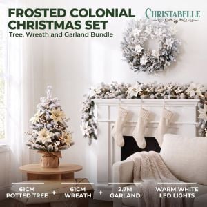 Christabelle Frosted Colonial Christmas 3pc Set 61cm Tree 61cm Wreath 2.7m Garland with LED Lights Holiday Pre-lit Decor