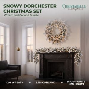 Christabelle Snowy Dorchester Christmas 2pc Set 1.2m Large Christmas Wreath and Garland with LED Lights Holiday Decor