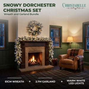 Christabelle Snowy Dorchester Christmas 2pc Set 61cm Christmas Wreath and Garland with LED Lights Holiday Decor