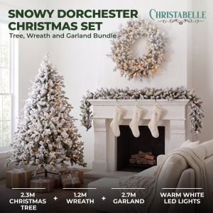 Christabelle Snowy Dorchester Pre-Lit Christmas Tree 2.3m Wreath 1.2m Garland 2.7m Flocked LED Xmas Decor