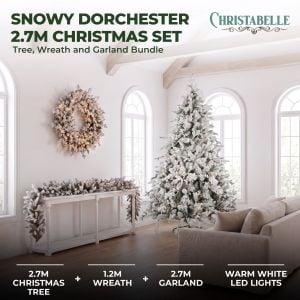 Christabelle Snowy Dorchester Pre-Lit Christmas Tree 9ft 2.7m, Flocked LED Wreath 1.2m or Garland with Pine Cones
