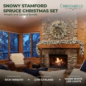 Christabelle Snowy Stamford Christmas 2pc Set 61cm Christmas Wreath and Garland with LED Lights Holiday Decor
