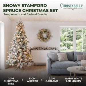 Christabelle Snowy Stamford Spruce 2.3m 7.5ft Tree 61cm Wreath Snowy Stamford 2.7m Christmas Garland Snowy with LED