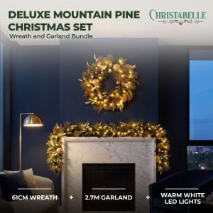 Christabelle Deluxe Mountain Pine Christmas 2pc Set 61cm Wreath and 2.74m Garland with LED Lights Holiday Decor