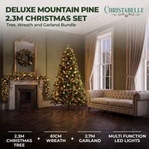 Christabelle Deluxe Mountain Pine 3pc Set 7.5ft Pre-lit Tree 61cm Wreath 2.74m Garland LED Lights Holiday Home Decor