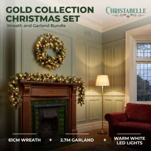 Christabelle Gold Collection Christmas 2pc Set 61cm Wreath and 2.74m Garland with LED Lights Holiday Decor