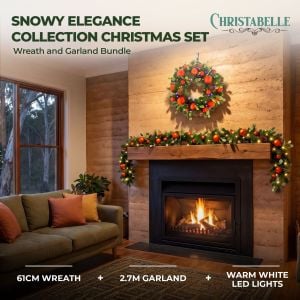 Christabelle Snowy Elegance Christmas 2pc Set 61cm Christmas Wreath and Garland with LED Lights Holiday Decor