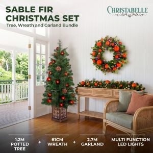 Christabelle Sable Fir Christmas 3pc Set 1.2m Potted Tree 61cm Wreath 2.74m Garland with Multicoloured LED Lights Decor