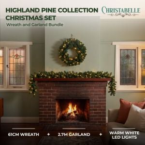Christabelle Pre-Lit Highland Pine Wreath 61cm and Garland 2.74m Warm White LED Battery Timer Decoration